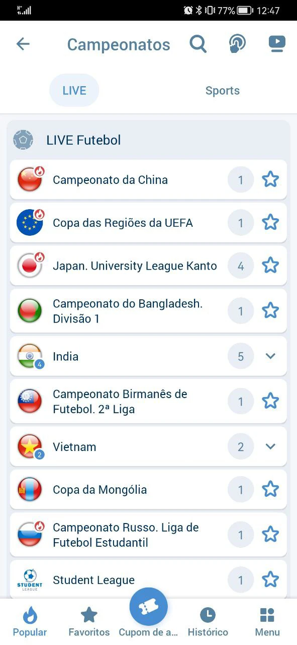 Seção de apostas em futebol no aplicativo 1xBet.