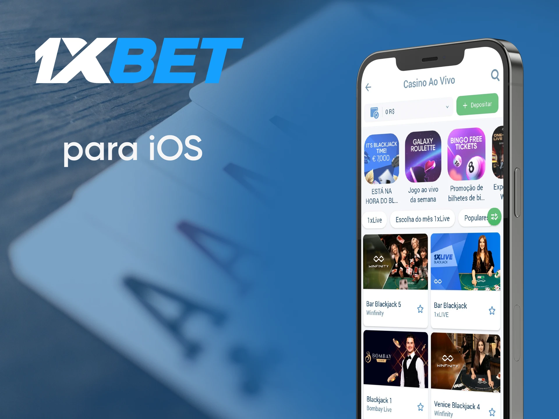 Jogue blackjack através do aplicativo 1xbet para iOS.